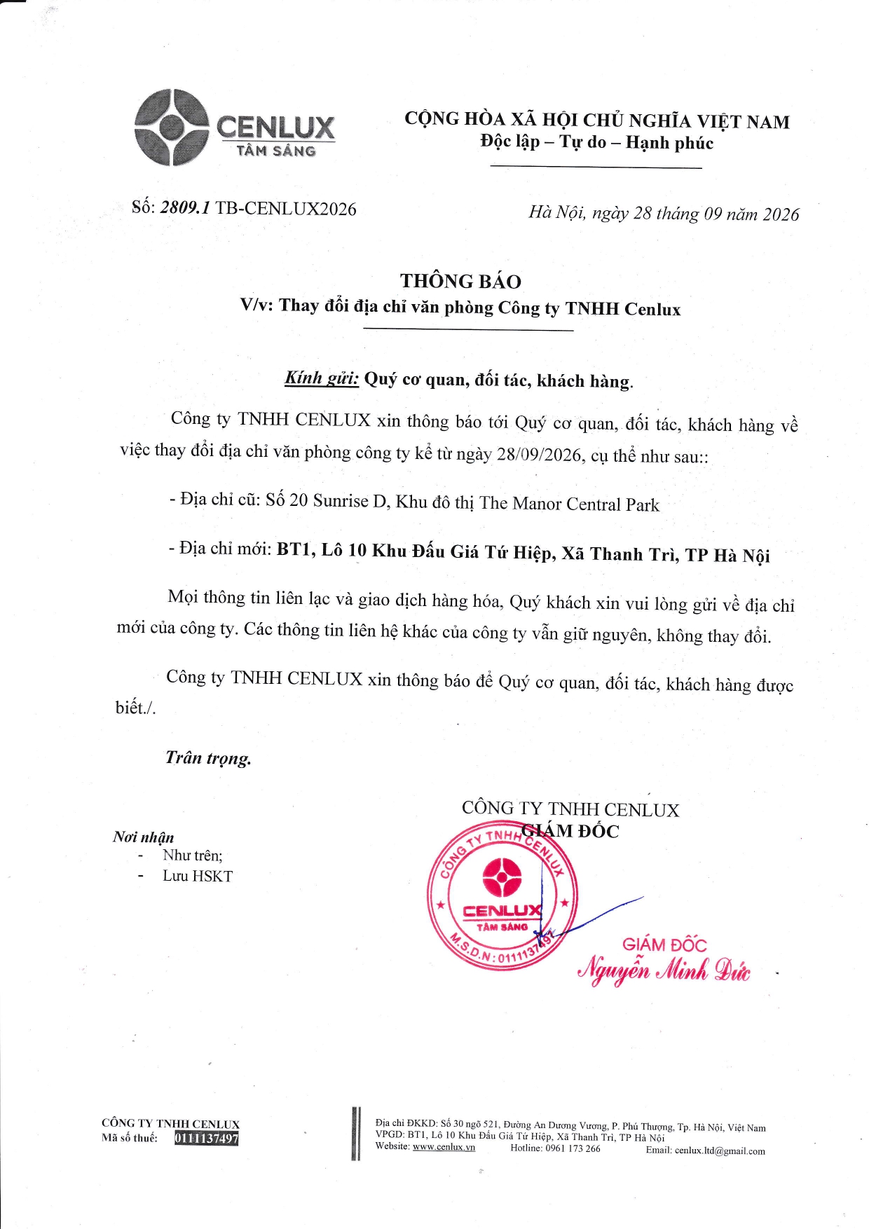 Thông báo chuyển địa điểm cenlux